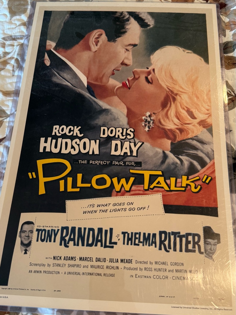 Pillow Talk Movie Poster Quilt Wall Art - Cream, Black, Blue